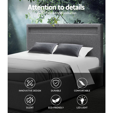 Artiss Bed Frame Queen Size LED Gas Lift Grey COLE.