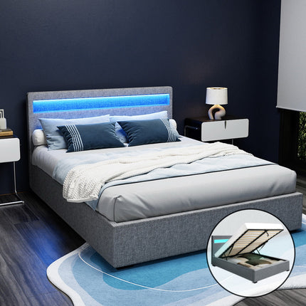 Artiss Bed Frame Queen Size LED Gas Lift Grey COLE.