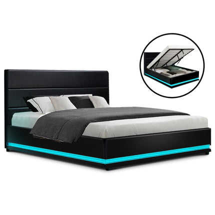 Artiss Bed Frame Double Size LED Gas Lift Black LUMI.