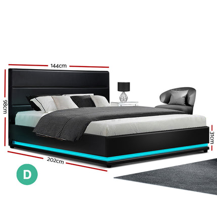 Artiss Bed Frame Double Size LED Gas Lift Black LUMI.