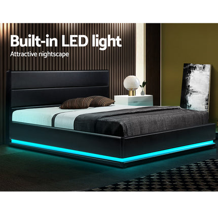 Artiss Bed Frame Double Size LED Gas Lift Black LUMI.
