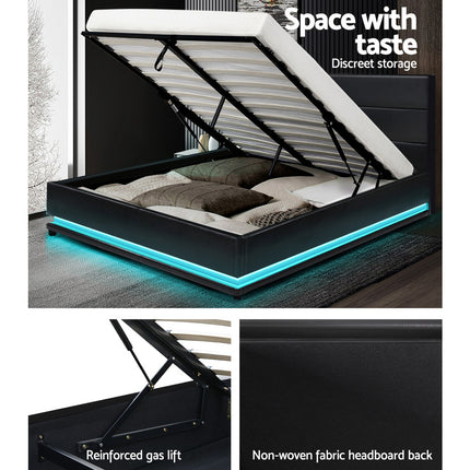 Artiss Bed Frame Double Size LED Gas Lift Black LUMI.