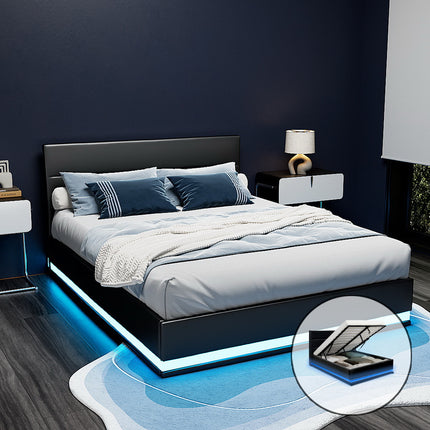 Artiss Bed Frame Double Size LED Gas Lift Black LUMI.