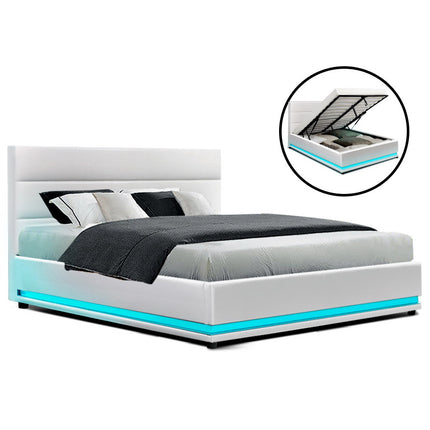 Artiss Bed Frame Double Size LED Gas Lift White LUMI.