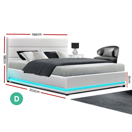 Artiss Bed Frame Double Size LED Gas Lift White LUMI.
