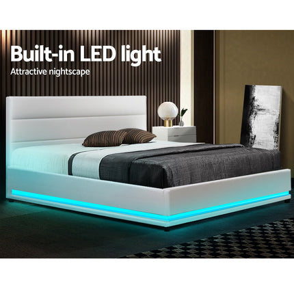 Artiss Bed Frame Double Size LED Gas Lift White LUMI.