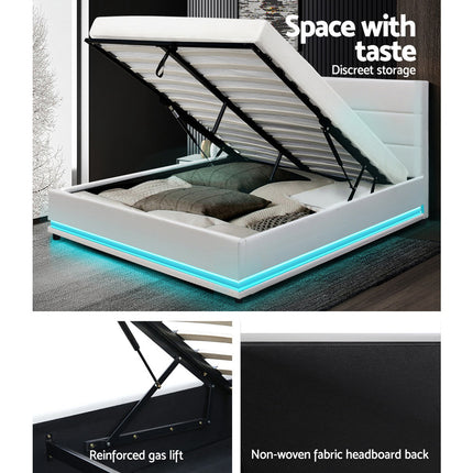 Artiss Bed Frame Double Size LED Gas Lift White LUMI.