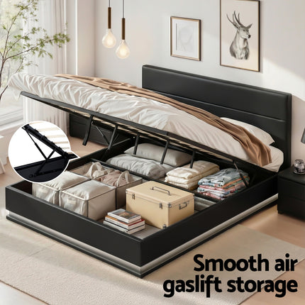 Artiss Bed Frame King Size LED Gas Lift Black LUMI.