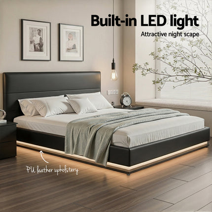 Artiss Bed Frame King Size LED Gas Lift Black LUMI.