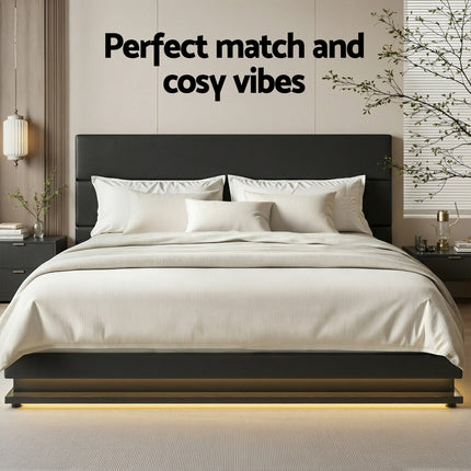 Artiss Bed Frame King Size LED Gas Lift Black LUMI.