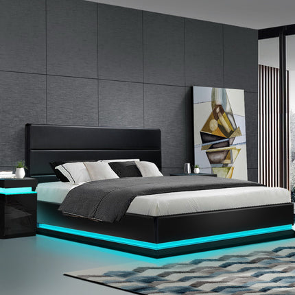 Artiss Bed Frame King Size LED Gas Lift Black LUMI.