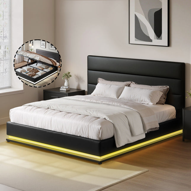 Artiss Bed Frame Queen Size LED Gas Lift Black LUMI.