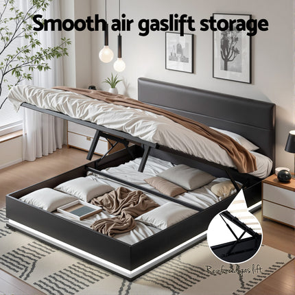Artiss Bed Frame Queen Size LED Gas Lift Black LUMI.