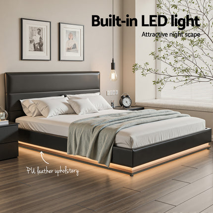 Artiss Bed Frame Queen Size LED Gas Lift Black LUMI.