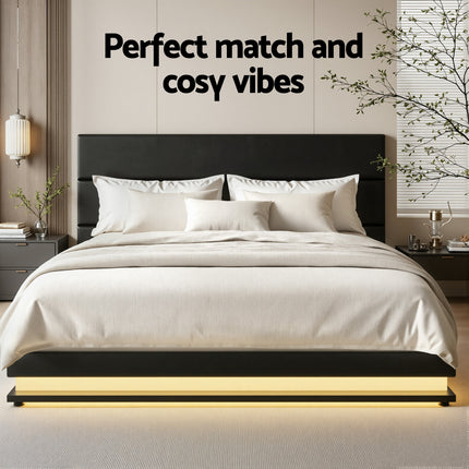 Artiss Bed Frame Queen Size LED Gas Lift Black LUMI.