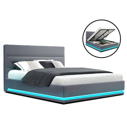 Artiss Bed Frame Queen Size LED Gas Lift Grey LUMI.