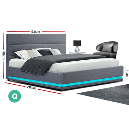 Artiss Bed Frame Queen Size LED Gas Lift Grey LUMI.