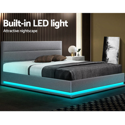 Artiss Bed Frame Queen Size LED Gas Lift Grey LUMI.