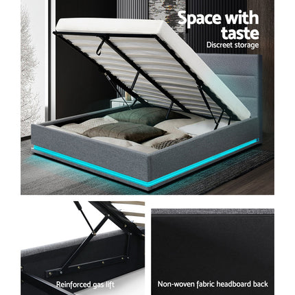 Artiss Bed Frame Queen Size LED Gas Lift Grey LUMI.