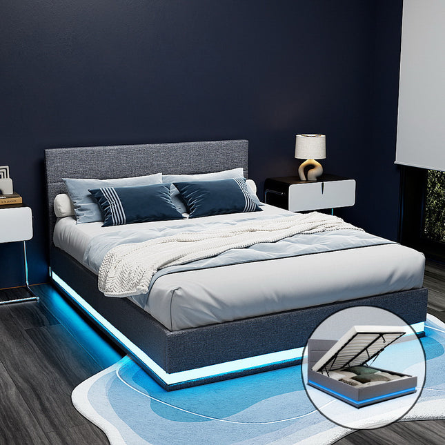 Artiss Bed Frame Queen Size LED Gas Lift Grey LUMI.
