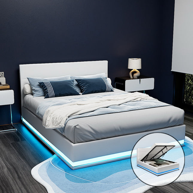 Artiss Bed Frame Queen Size LED Gas Lift White LUMI.
