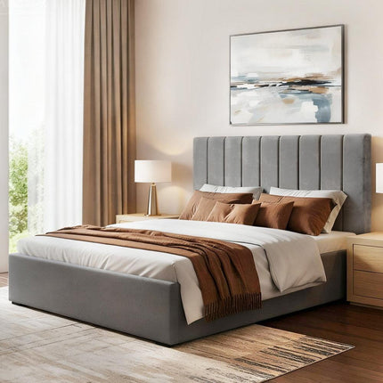 Artiss Double Bed Frame with Storage Grey Velvet Headboard Gas Lift Platform Base.
