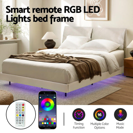 Artiss Double Bed Frame RGB LED Floating Beds Adjustable Headboard Beige White.