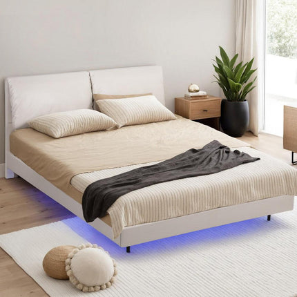 Artiss Double Bed Frame RGB LED Floating Beds Adjustable Headboard Beige White.
