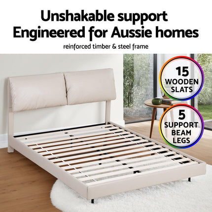 Artiss Queen Bed Frame RGB LED Floating Beds Adjustable Headboard Beige White.