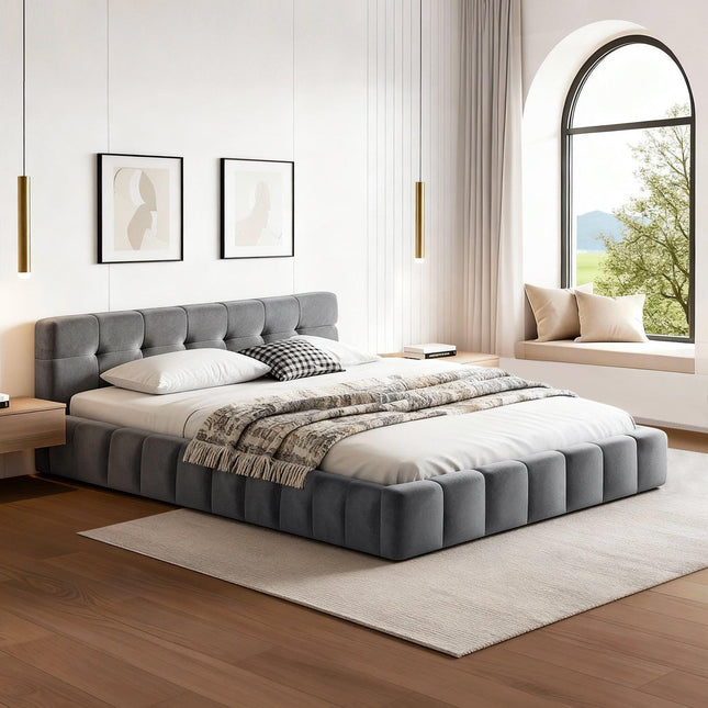 Artiss Double Size Bed Frame Plush Soft Headboard Velvet Platform Base for Modern Bedrooms Grey.