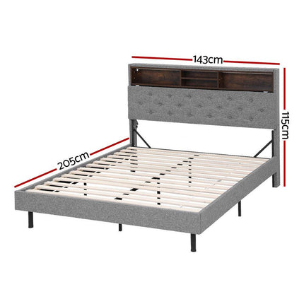 Artiss Bed Frame Double Size LED Mattress Base Platform with Storage Shelf Hidden Storage Box Grey.