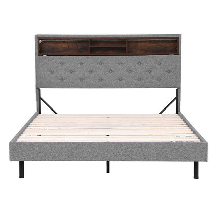 Artiss Bed Frame Double Size LED Mattress Base Platform with Storage Shelf Hidden Storage Box Grey.