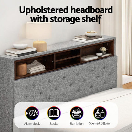 Artiss Bed Frame Double Size LED Mattress Base Platform with Storage Shelf Hidden Storage Box Grey.