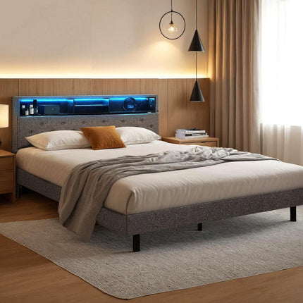 Artiss Bed Frame Double Size LED Mattress Base Platform with Storage Shelf Hidden Storage Box Grey.