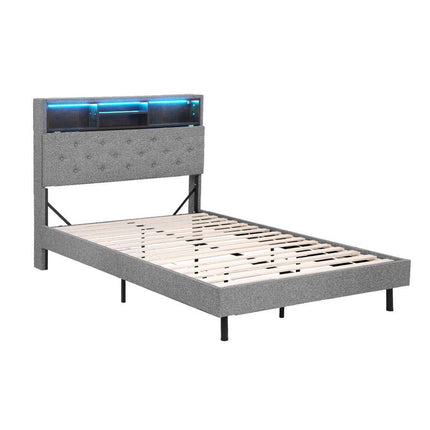 Artiss Bed Frame King Single Size LED Mattress Base Platform with Storage Shelf Hidden Storage Box Grey.