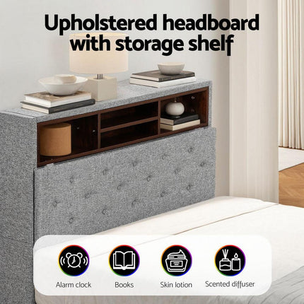 Artiss Bed Frame King Single Size LED Mattress Base Platform with Storage Shelf Hidden Storage Box Grey.