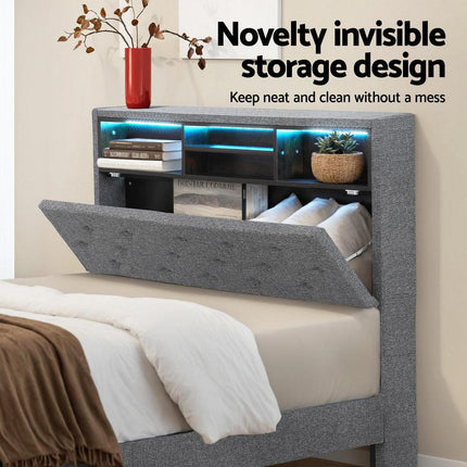 Artiss Bed Frame King Single Size LED Mattress Base Platform with Storage Shelf Hidden Storage Box Grey.