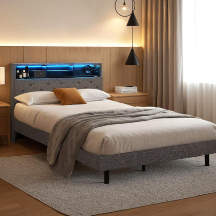 Artiss Bed Frame King Single Size LED Mattress Base Platform with Storage Shelf Hidden Storage Box Grey.
