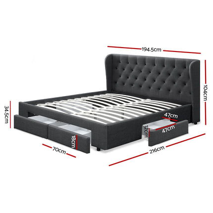 Artiss Bed Frame King Size with 4 Drawers Charcoal MILA.