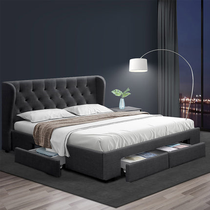 Artiss Bed Frame King Size with 4 Drawers Charcoal MILA.