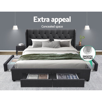 Artiss Bed Frame Queen Size with 4 Drawers Charcoal MILA.