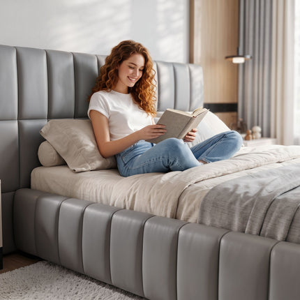Artiss Double Size Upholstered Gas Lift Bed Frame with Foldable Bench PVC Leather Platform Bed with Storage