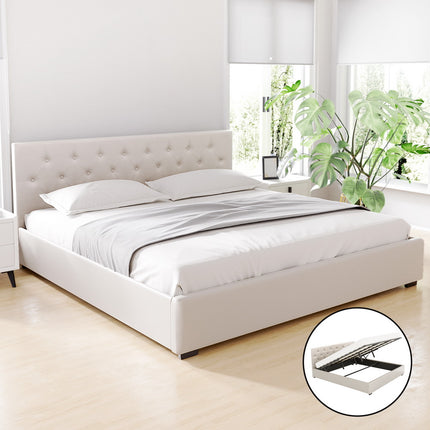 Artiss Bed Frame King Size Gas Lift Beige VILA.