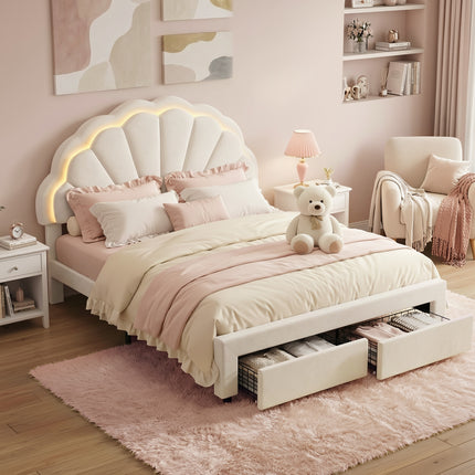 Artiss Double Bed Frame with 2 Storage Drawers Upholstered Velvet Platform Bed LED Headboard.