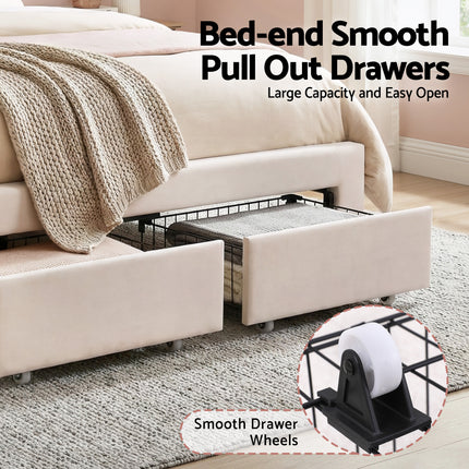 Artiss Double Bed Frame with 2 Storage Drawers Upholstered Velvet Platform Bed LED Headboard.