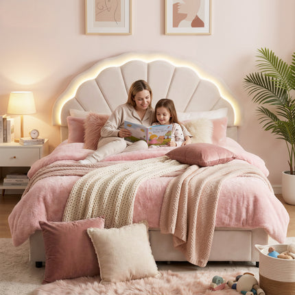 Artiss Double Bed Frame with 2 Storage Drawers Upholstered Velvet Platform Bed LED Headboard.