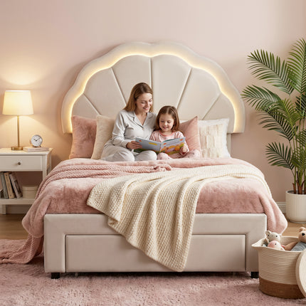 Artiss King Single Bed Frame with Storage Drawer Upholstered Velvet Platform Bed LED Headboard.