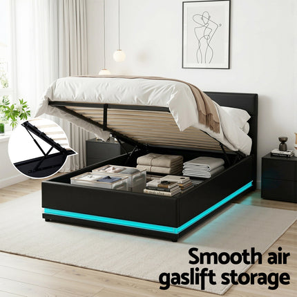 Artiss Bed Frame King Single Size LED Gas Lift Black LUMI.