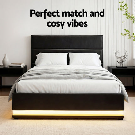 Artiss Bed Frame King Single Size LED Gas Lift Black LUMI.