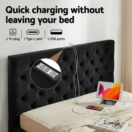 Artiss Double Bed Frame Storage Charging Station Upholstered 3 Drawers USB Type-C.